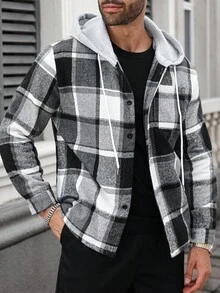 Manfinity CasualCool Men Plus Size Plaid Drawstring Hooded Outing Casual Shacket No T-Shirt, Boyfriend Gifts , Fall