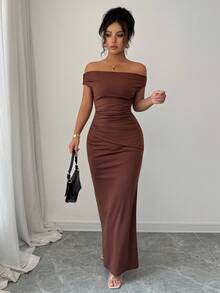 Rafferiza 女士优雅褶饰露肩金属装饰修身派对连衣裙 - 棕色 - 查看 3