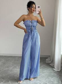 Elenzga 女士荷叶边条纹前系带阔腿休闲连体裤 - 随机花卉图案 - 藏蓝色 - 查看 4