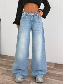 EURMUSE WOMEN LOOSE LOW WAIST WIDELEG LIGHT WASH DENIM JEAN - Light Wash - View 3