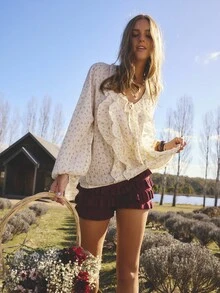 Aralina 荷叶边 V 领长袖前系带衬衫 - 彩色 - 查看 3