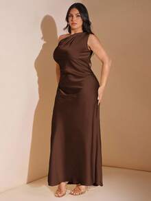 SHEIN BAE Women's Elegant Chocolate Brown Satin Maxi Dress,Winter Wedding Guest Asymmetric One Shoulder Hollow Backless Tie Up Formal Party Cocktail Dress - Coffee Brown - View 6