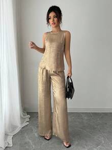 Elenzga 2pcs Women's Gold Material Sleeveless Top And Wide Leg Pants Set - Gold - View 4
