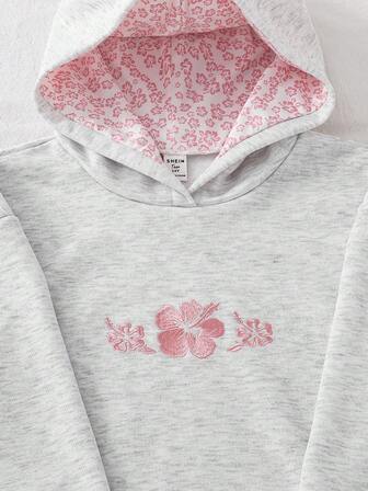 Teen Girl Casual Fashionable Cute Pink Floral Embroidered Hoodie Sweatshirt Fall Winter
