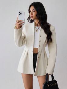 Chiquease 长款大衣，米色大衣，优雅大衣，长款外套 - 杏色 - 查看 3