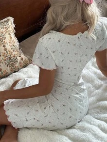 CottageSlumber Jacquard Floral Lace Trim Fitted Mini Nightgown For Women Babydoll Pajama Set Lace Pajama Set Lace Pj Set Summer Pj Set Two Piece Sleepwear Set Goth  Cozy And Elegant Details - White - View 4
