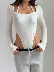 SHEIN Unity 纹理面料不对称领口露背长袖紧身衣