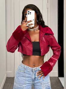 BamGleam Halloween Frauen Motorrad Crop Pu Leder Jacken Herbst Winter Y2k Club Baddie - Rot - Übersicht 3