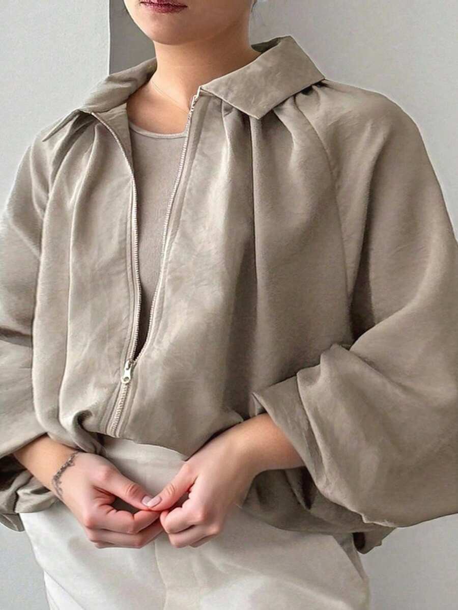 Dazy Plus Plus Size Women's Casual Loose Fit Jacket With Mandarin Collar, Textured Fabric, Pleated Cuffs, Zipper Closure, Versatile For Business And Leisure, Autumn - Olive Green - View 1