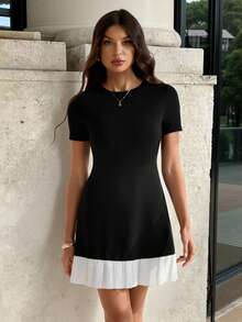 SHEIN Tall Round Neck Mixed Material Ruffle Hem Versatile Mini Dress Women Cocktail Dress Women Short Dresses Women Black Dress,Business Casual - Black - View 1