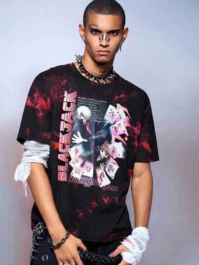 Black Jack X ROMWE Tie-Dye Print Men's T-Shirts, Suitable For Everyday Wear, Spring/Summer