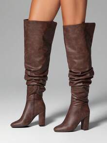 SHUZIA 女士迷人圆头粗跟过膝休闲靴 - 棕色 - 查看 2