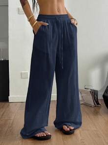 Coolane Women's Summer Country Concert Going Out Beach Outfits Boho Basic Minimalist Washed 100%Cotton White Pants Curved Hem Pants Loose Pants For Women Cotton Pants,Fall - Navy Blue - View 3