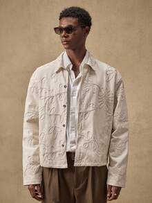 AKNOTIC Men's Casual Floral Embroidery Loose Fit Drop Shoulder Jacket, Spring/Autumn, For Fall Winter