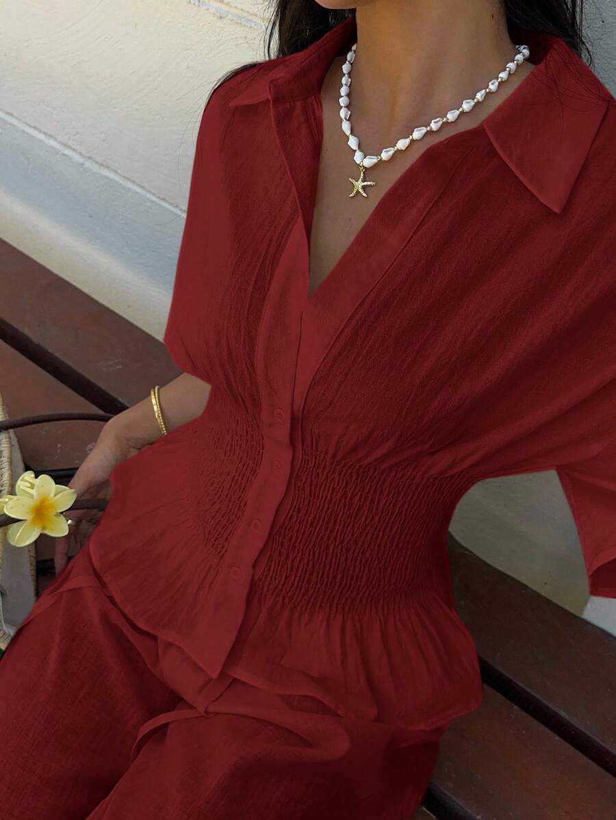 SHEIN EZwear 酒红色梭织女士宽松短袖衬衫，优雅女士衬衫 - 酒紅色 - 查看 1