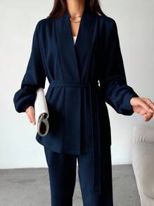 SHEIN Tall Cotton Tall Cottnline Drop Shoulder Belted Coat & Pants - Navy Blue - View 3
