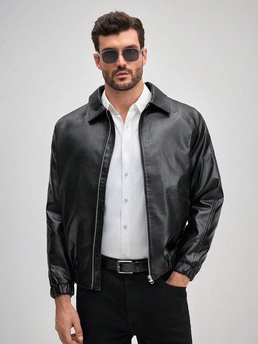 Officeau Men's Zipper Collar Black Faux PU Leather Jacket, Fall/Winter - Black - View 1