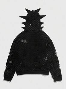 ROMWE MEN Goth Men's Sparkling Diamond Antennae Shaped Hoodie , Fall - Black - View 2