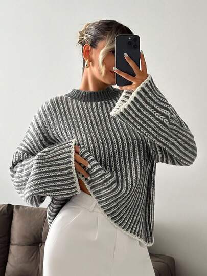 EURMUSE Women's Casual Loose Striped Round Neck Drop Shoulder Long Sleeve Sweater, Autumn/Winter Knitted Jumper For Women Womens Winter Sweater Striped Sweater Pullover Sweater Women Ribbed Knit Sweater,Jumpers,Women's Jumpers