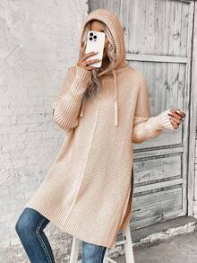 EMERY ROSE Áo len trùm đầu có dây rút 2 trong 1 màu trơn dành cho nữ, mùa thu - Màu Khaki - Xem 5