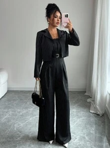 Selianne Elegant Black & White Striped Strapless Jumpsuit With Backless Design + Short Jacket, Women 2 Pieces Set, Autumn/Winter Fall Cloth For Women - Black - View 6