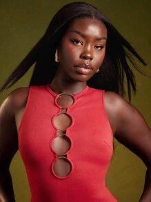 NYA SZN 无袖镂空修身连衣裙，休闲日常、俱乐部派对、外出度假皆宜，迷你棉质连衣裙，女士套装 - 紅色 - 查看 4