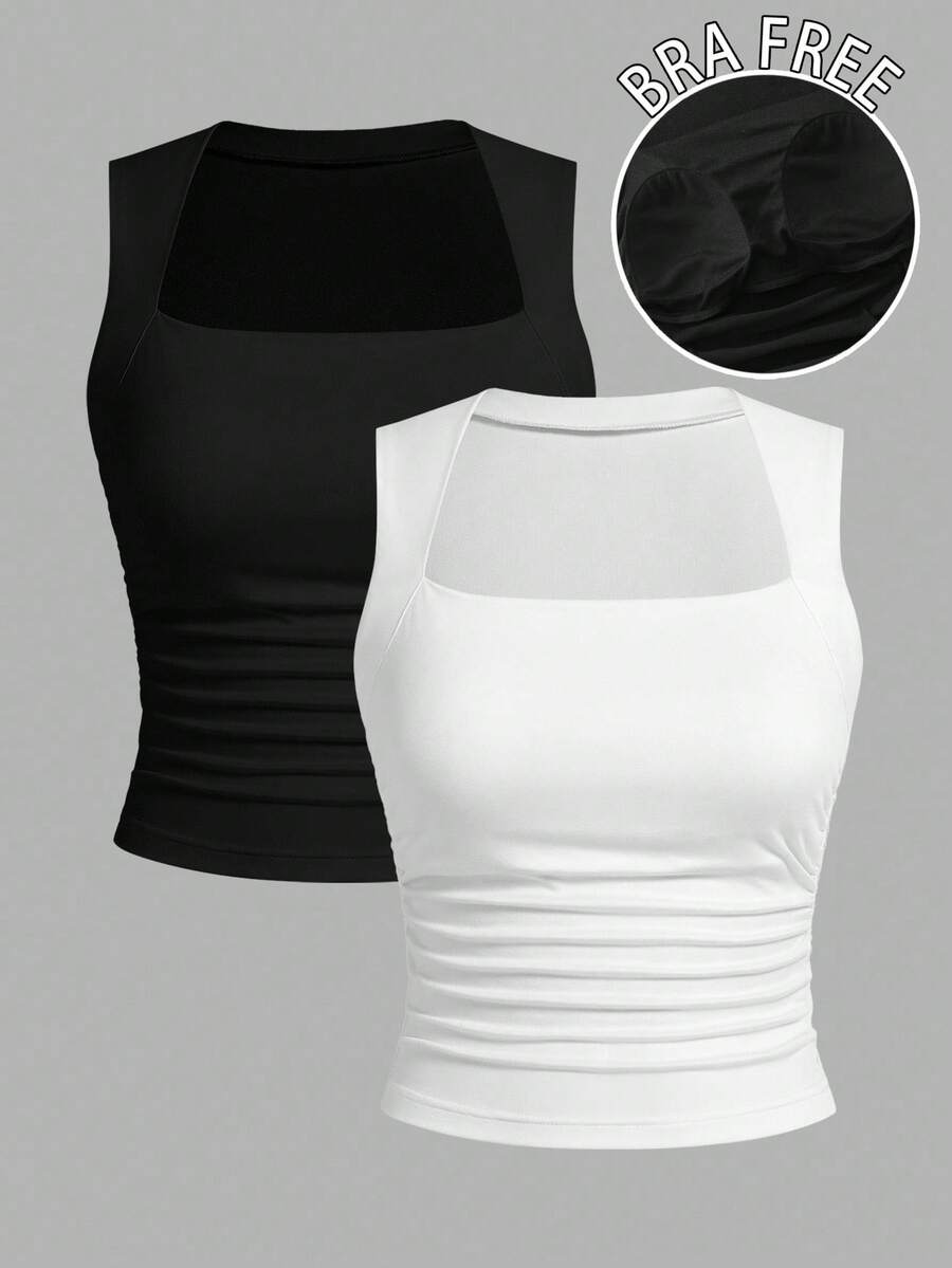 SHEIN EZwear 2pcs Black & White FERR BAR Sexy Crop Top Camisole With Padded Bust, Suitable For Summer To Early Autumn, Built-In Bra - Multicolor - View 1