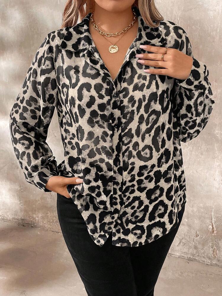 Auvina Camisa de leopardo informal y cómoda de talla grande - Gris - Añade 4