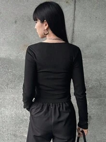 FRIFUL 女士圆领二合一蕾丝罗纹拼接蝴蝶结前开襟修身长袖T恤，新款秋季女士薄纱开衫，优雅蕾丝打底长袖系带上衣，黑色，女款 - 黑色 - 查看 4