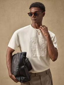 AKNOTIC Men's Casual Embroidered Loose Fit Round Neck Short Sleeve T-Shirt - Apricot - View 1