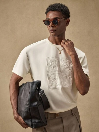 AKNOTIC Men's Casual Embroidered Loose Fit Round Neck Short Sleeve T-Shirt