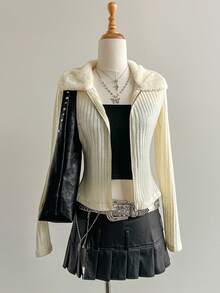 Elamini Cream Yellow Knitted Ribbed Patchwork Double-Sided Fleece Collar Zip-Up Fitted Long Sleeve Jacket, Elegant Vintage College Style For Commute, Office, Casual, Daily Wear, Dates, Autumn/Winter For Women