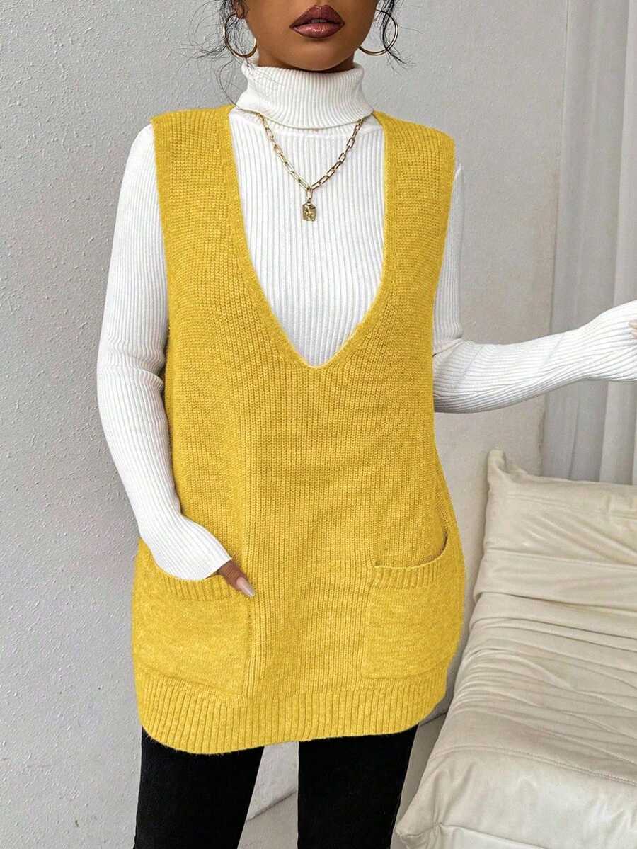 SHEIN LUNE 女式休闲纯色简约V领口袋毛衣背心 - 黃色 - 查看 1