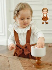 Souflis Souflis 3 pièces/set Barboteuse à manches volantées blanches côtelées mignonnes pour bébé fille, robe sans manches marron avec nœud, et serre-tête avec nœud, tenues d'automne/hiver pour bébé fille. Ensemble 2 pièces de salopette en velours côtelé marron pour bébé fille. Ensemble blouse à volants et jupe à bretelles de style vintage pour toute-petite fille en automne - Multicolore - Voir 1