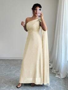 Rafferiza 女士优雅奢华网眼单肩连衣裙，带金色刺绣贴花，A 字形 - 杏色 - 查看 5