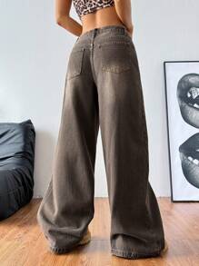 SHEIN CURVE+ 大码女式秋季卡其色渐变牛仔口袋阔腿宽松休闲百搭牛仔裤，秋季女装，女士商务休闲装，工装牛仔裤，返校装 - 咖啡棕 - 查看 2