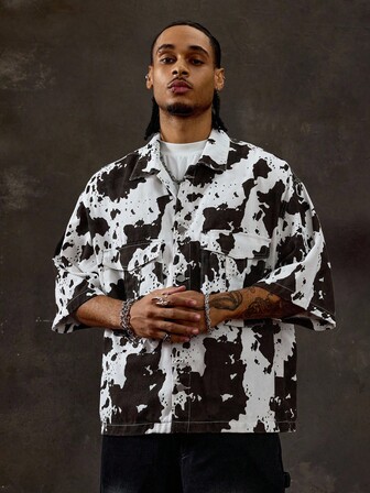 Street Life Men's Summer Cow Print Short Sleeve Single-Breasted Casual Denim Shirt With Pockets
