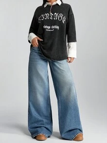 EURMUSE Low Waist A-Line Wide Leg Denim Jean Crop Hoodies For Women Long Sleeve Crop Top Crop Top Graphic Tees Women Crop Jeans Top - Medium Wash - View 2