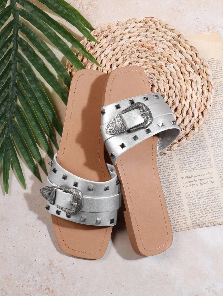 SHUZIA Women's Studded Buckle Detail Open Toe Flat Sandals - Silver - View 1
