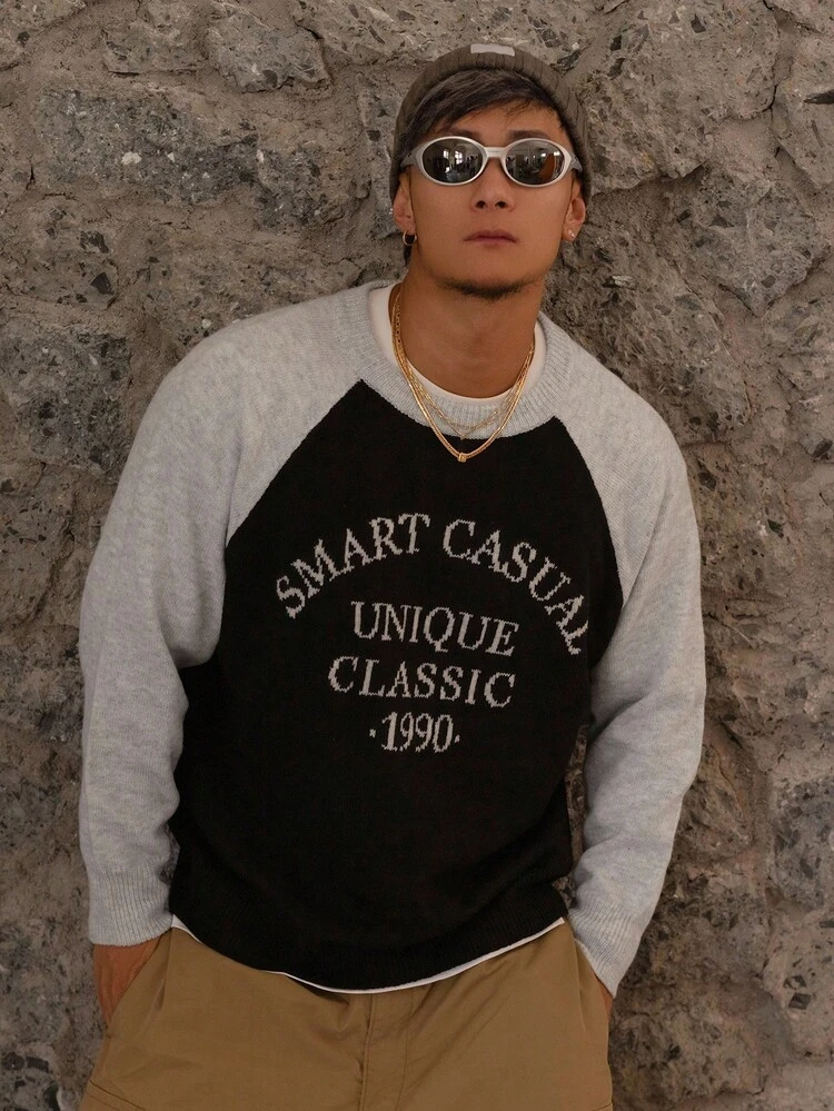 Men's Letter Jacquard Splice Contrast Color Raglan Sleeve Sweater, Autumn