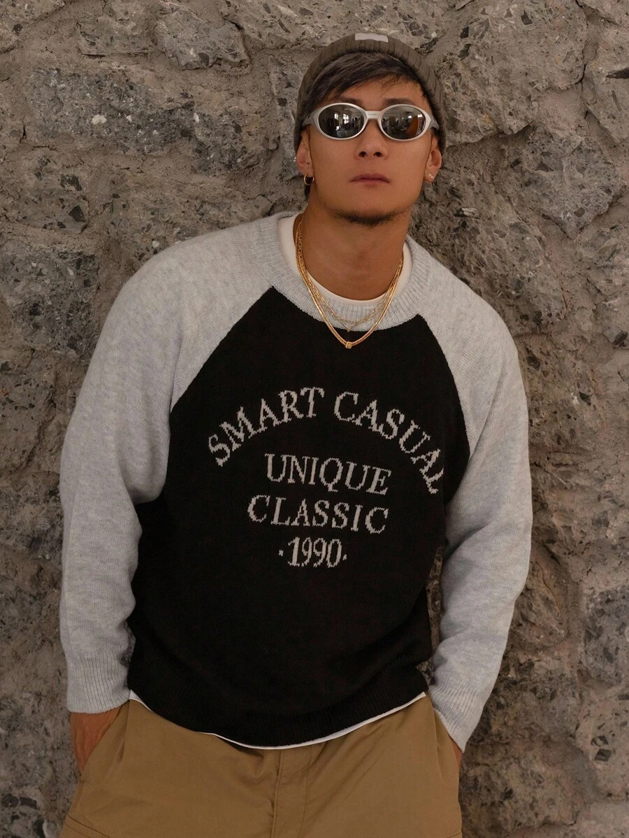 DAZY Pull homme avec manches raglan, empiècement en jacquard et couleurs contrastées, automne - Multicolore - Voir 1