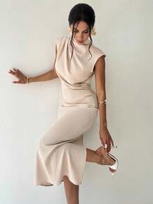 Firerie Women's Elegant Casual Everyday Commute Holiday Fashion New Stand Collar Drape Sleeve Waist Cinched Apricot Dress, Summer Bride