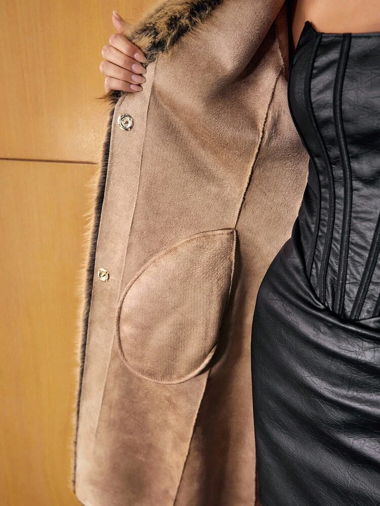 ELEGANT LONG FAUX FUR COLLAR COAT, AUTUMN/WINTER