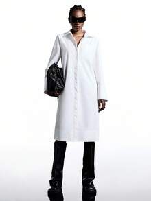 LYSMO 2025 New Arrive Minimalism Fall Winter Women's Casual Commuter Solid Color Front Button Mid-Length Dress - White - View 3
