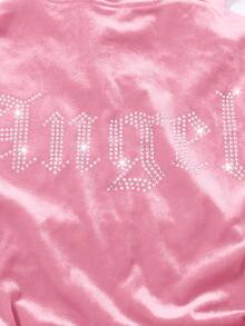 SHEIN Tween Girl Velvet Rhinestone Pocket Hooded Zip-Up Sweatshirt & Flared Pants Casual Elegant 2 Pieces Set, Pink Tween Set, Girls Lounge Set, Girls Bell Bottom Set, Pink 2 Piece Set Fall Winter - Baby Pink - View 8