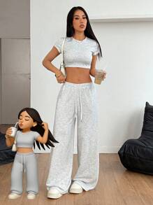 SHEIN PETITE 女士休闲纯色短款 T 恤和裤子两件套，夏季 - 灰色 - 查看 8