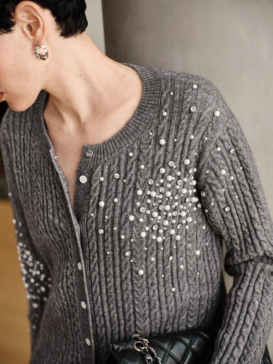 Uhlyne Gray Cable Knitwear Cardigan With Composite Bead Embellishments Halloween Women Sweaters,Spring/Autumn/Winter Women, Retro,Work Wear, Office Wear, Teacher Outfits, Back To School, Fall , Business Casual, Old Money Style,Preppy Academia College Style - Grey - View 1