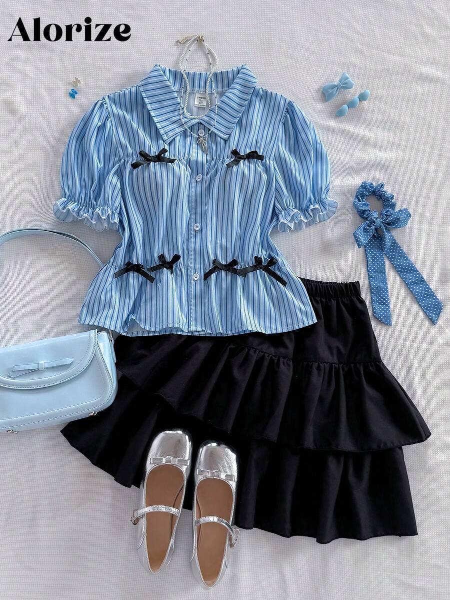 Teen Girls 2 Pieces Set: Bowknot Striped Ruffle Sleeve Blouse Top And Multi-Layered Cake Skirt, Princess And Sweet Feminine Style - Blue - View 1