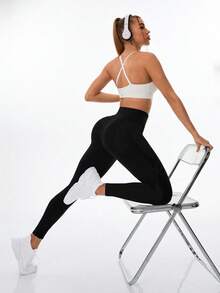 SHEIN Sports 3 件套女士运动紧身裤套装，拼接设计及踝长紧身裤，黑色、白色、粉色，带口袋，适合日常休闲穿着、跑步、瑜伽、健身、网球 - 彩色 - 查看 4