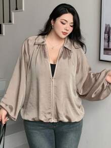 Dazy Plus Plus Size Women's Casual Loose Fit Jacket With Mandarin Collar, Textured Fabric, Pleated Cuffs, Zipper Closure, Versatile For Business And Leisure, Autumn - Olive Green - View 5